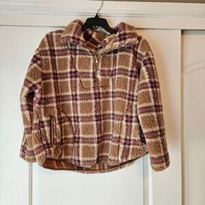 cg cg Womens Plus 1X Plaid Sherpa Pullover Quarter Zip Cozy Jacket Warm Fuzzy‎